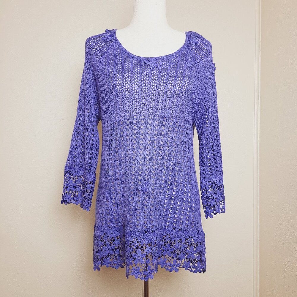 Drapers & Damons Womens Long Sleeves Textured Sweater Top Floral Purple Size S